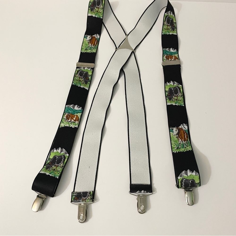 Vintage CAS Germany Cow Print Suspenders Alpine Farm Scene Braces